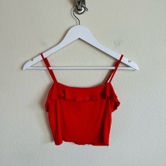 Forever 21 Orange Red Ruffle Neck Ribbed Crop Tank Top - Picture 6 of 9